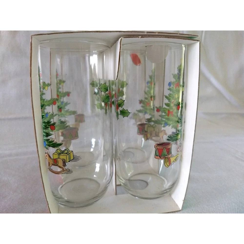 Luminarc Glass Tumblers 16oz NOEL Christmas Tree Holly‎ Vtg 90s Set of 4 NOS NEW